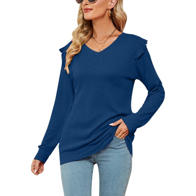 MAWCLOS Women Loose V Neck Tee Loungewear Solid Color Tunic Blouse Blue S
