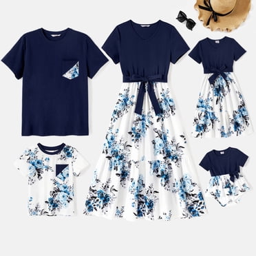 PatPat Family Matching 95% Cotton Dark Blue Short-sleeve T-shirts and Floral Print Spliced Dresses Sets