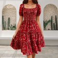 thumbnail image 2 of Robes d'Été Florales Décontractées Fête Col en V Manches Courtes Taille Enveloppante Volants avec Poches Robe de Printemps Rouge S, 2 of 4