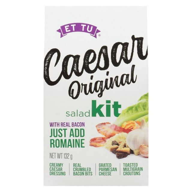 Et Tu Caesar Original Salad Kit box with creamy Caesar dressing, real crumbled bacon bits, grated Parmesan cheese, and toasted multigrain croutons, designed to add fresh Romaine for a classic Caesar salad.