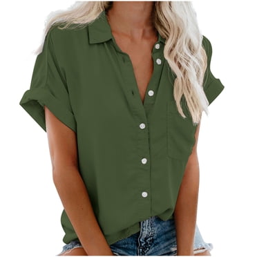 Pisexur Womens Short Sleeve Shirts Summer Tops V Neck Collared Button Down Shirt Blouse with Pocket Business Casual Tops