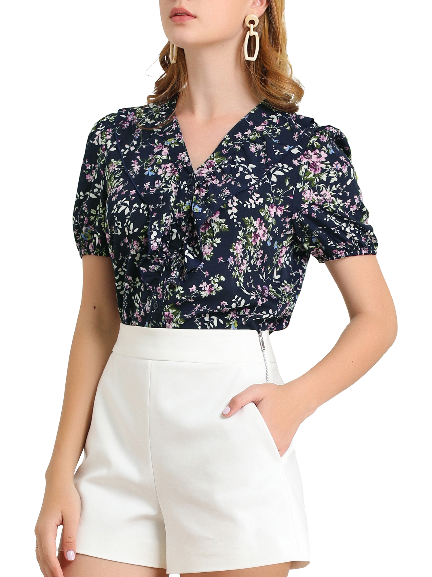 Unique Bargains Blouse à Manches Courtes Bouffantes à Boutons Imprimé Floral pour Femmes