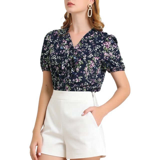 INSPIRE CHIC Women's Floral Print Rufle Button Up Puff Short Sleeves Blouse Top