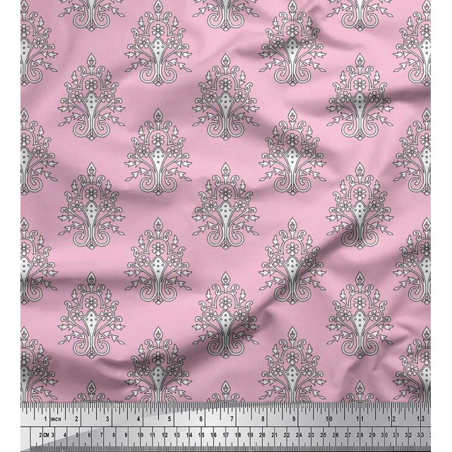 Soimoi Modal Satin Fabric Leaves,Floral & Paisley Block Printed Fabric 1 Yard 42 Inch Wide