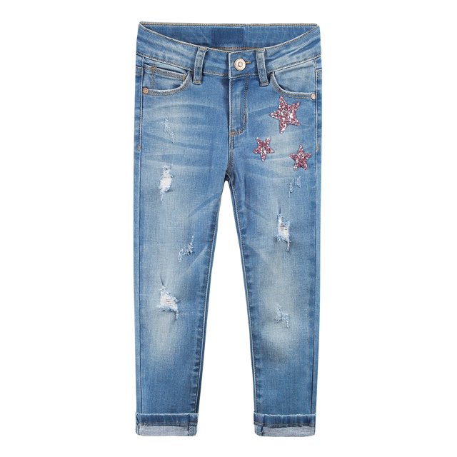 KIDSCOOL SPACE Jeans Mode pour Filles, Coupe Ajustée, Trous Déchirés, Paillettes Roses et Étoiles, Bleu, 5-6 Ans