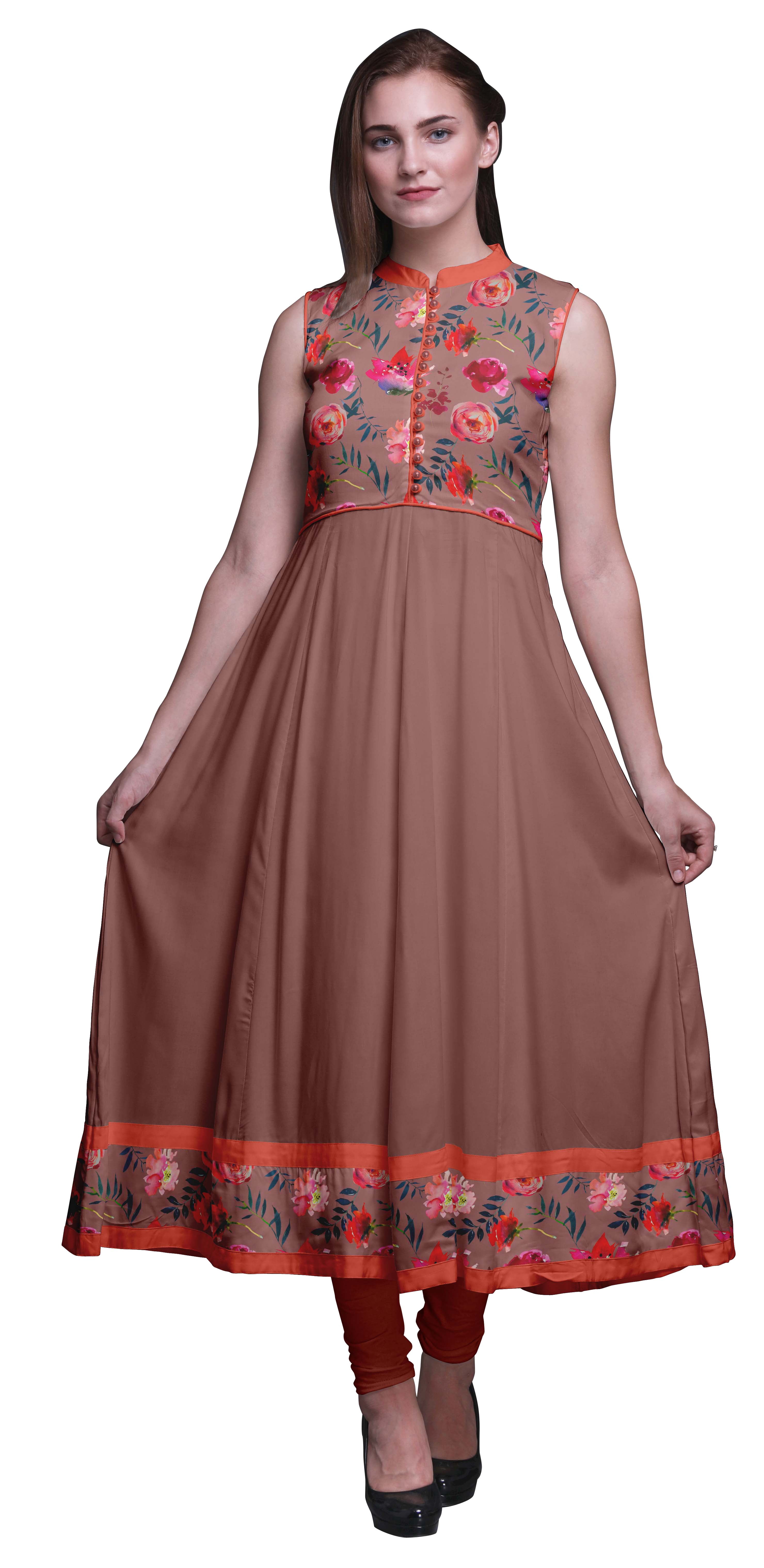 Bimba Kurtis Indiennes à Fleurs Brun Rose Foncé pour Femmes, Anarkali Prête à Porter Unie, Robe Imprimée Kurti Indienne Moyen