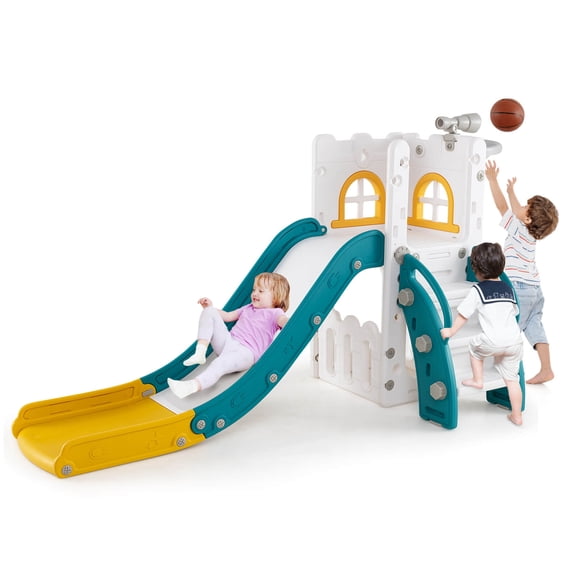 Costway Glissoire 6 en 1 en L pour Tout-Petits de 1 à 3 Ans, Glissoire pour Bébé avec Panier de Basketball Jaune + Vert