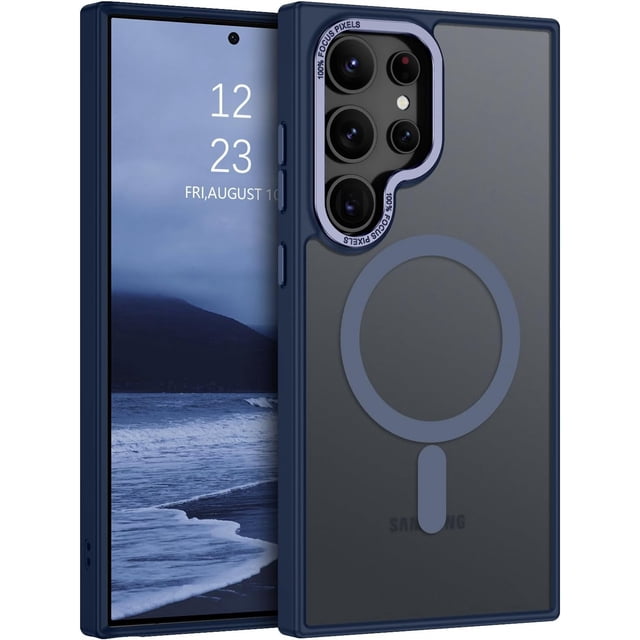 Samsung Galaxy S25 Ultra Case by Phonesmart, featuring a matte rubber hybrid back cover with MagSafe compatibility. The case has a semi-transparent design with a navy blue frame and a built-in magnetic ring for seamless MagSafe accessory use. It offers military-grade drop protection and precise cutouts for buttons and ports, ensuring a snug fit. The anti-fingerprint finish keeps the surface clean and elegant. Shown on a Samsung Galaxy S25 Ultra with a beach-themed wallpaper.