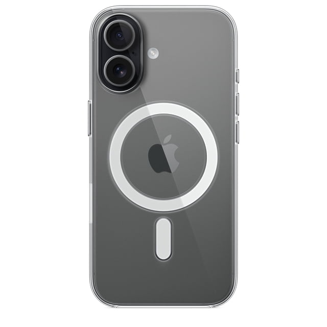 iPhone 17 Clear Case with MagSafe, a thin, transparent case made of optically clear polycarbonate and flexible materials, showing the dark grey iPhone 17 back with dual cameras and built-in MagSafe magnets for secure attachment and faster wireless charging.
