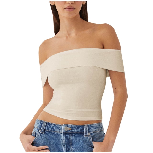 Yuyuzo Going out Tops for Women off Shoulder Tops Short Sleeve Crop Top Solid Color Stretchy Slim Fitted Basic Tees