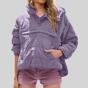 Jsaierl Women's Quilted Pullover Jacket Winter Warm Hooded Coats Lightweight Oversized Puffer Jackets Casual Long Sleeve Down Coat with Pockets