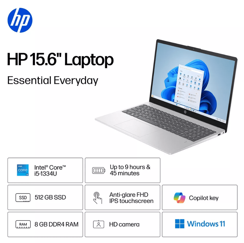HP 15.6-inch FHD IPS Touch Laptop Intel Core i5-1334U 8GB 512GB SSD Windows 11 Home Natural Silver