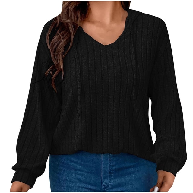 AherBiu Plus Size Tops for Women Ribbed Long Sleeve Hooded Pullover Spring Casual Loose Going out Tops