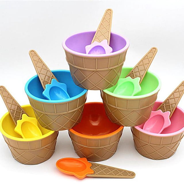 Kids Child Cute Cartoon Cone Ice Cream Bowl Spoon Set Plastic Dessert Tableware
