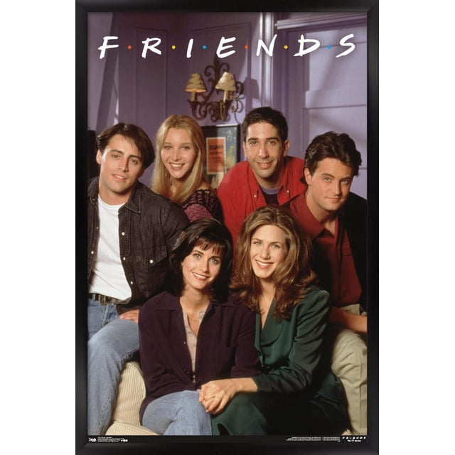 Friends - Apartment Wall Poster, 22.375" x 34" featuring the six main characters from the TV show Friends seated together in a purple-walled apartment living room with vintage wall sconces, the show's title in white letters with colored dots, printed on premium satin finish by Trends International, suitable for bedroom, office, or dorm wall decor.
