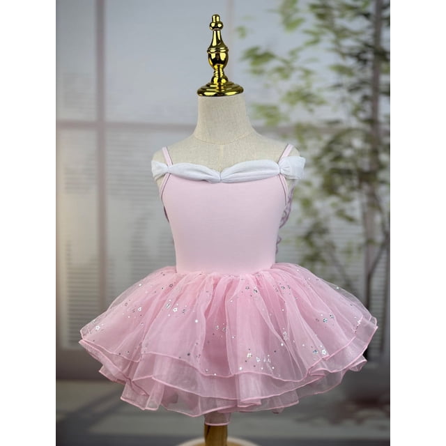 XDZJLR Girls Rompers Kids Summer Solid Color Suspender Dance Training Dress Children's Performance Puffy Dress Outfit Light Pink 2-3 Years