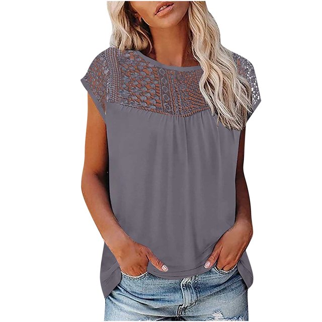Mikilon Ensemble Élégant pour Femmes 2 Pcs Imprimé Manches Courtes Patchwork en Dentelle Col Rond Chic Confortable Gris m