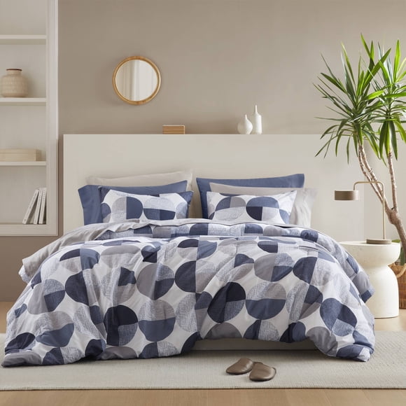 Regency Heights King Size Comforter Set, 9-Piece Bed in a Bag King, Round Geometric Print Bedding Comforter Set with Sheets, Navy Blue