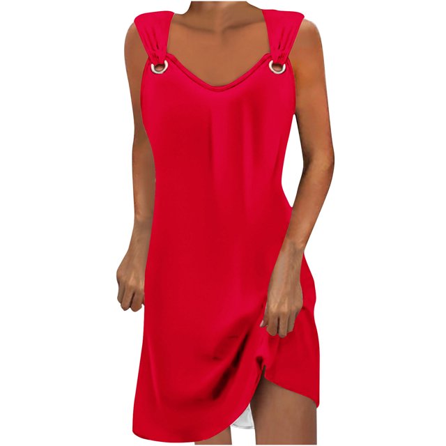 Penkiiy Robes d'Été pour Femmes 2024 Décontractées Imprimées Amples Couleur Unie Col Rond Tempérament Élégantes Robes Dos Nu S Rouge