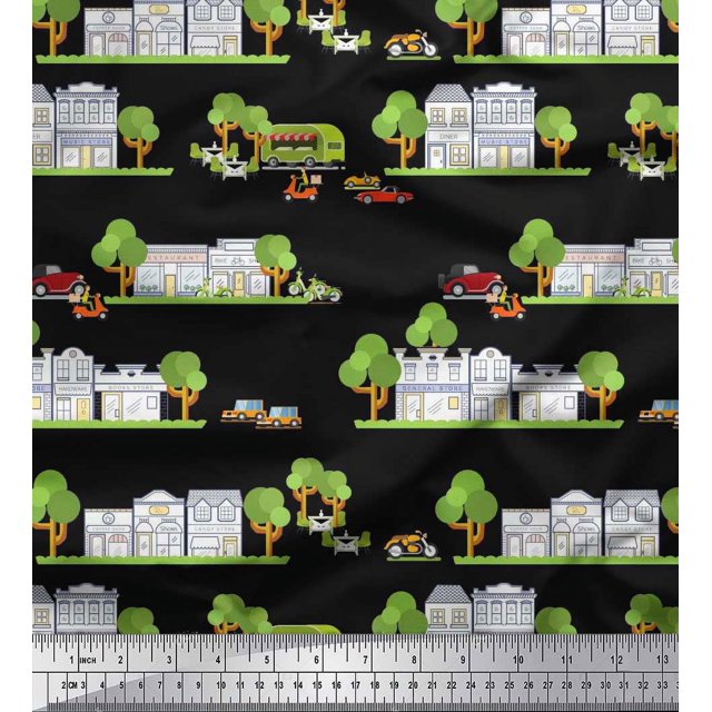 Soimoi polyester Crepe Fabric Vehicles,Tree & Shops Architectural Print Sewing Fabric Yard 52 Inch Wide