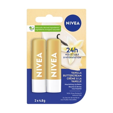 Baume à lèvres crème à la vanille de NIVEA, hydratation 24 heures, enrichi en beurre de karité et huiles naturelles, parfum vanille, (2 x 4,8 g)