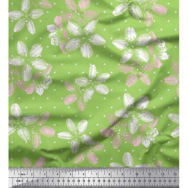 Soimoi Green Poly Georgette Fabric Dot & Floral Printed Fabric 1 Yard 52 Inch Wide