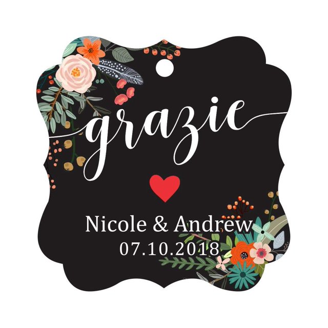 Darling Souvenir GRAZIE Thank You Wedding Favors Gift Paper Tag Custom Party Hang Tags-Floral Black-50 Tags