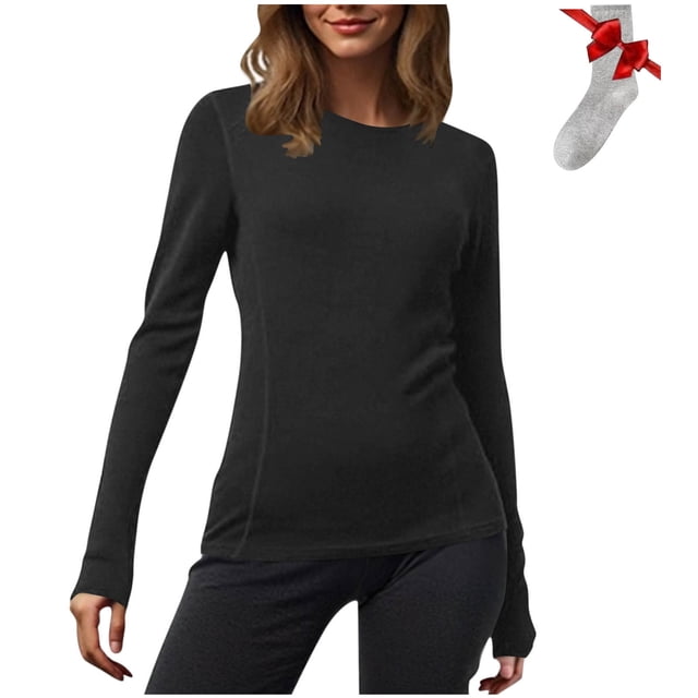 Yuyuzo Chandails à Manches Longues pour Femmes, Couche de Base Thermique Légère, T-Shirts à Col Rond, Hauts Chauds et Confortables avec Chaussettes