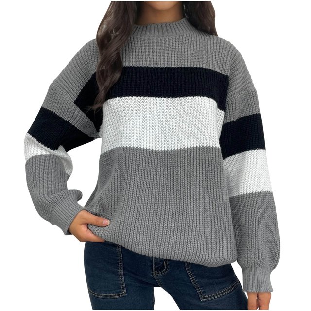 Timegard Chandails pour Femmes Grande Taille Manches Longues Hauts Col Ras du Cou Chandail à Blocs de Couleur Vêtements d'Automne Hiver
