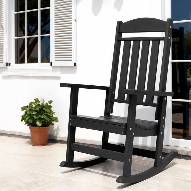 FOOWIN Patio Slat Rocking Chair in black, crafted from HDPE plastic for weather resistance and durability. Designed with an ergonomic back curve, smooth rocking motion, and oversized dimensions of 26.7’’ W x 35.4’’ D x 44.5’’ H, supporting up to 350 lbs. Suitable for both outdoor patios and indoor nursery spaces, offering comfort and relaxation.
