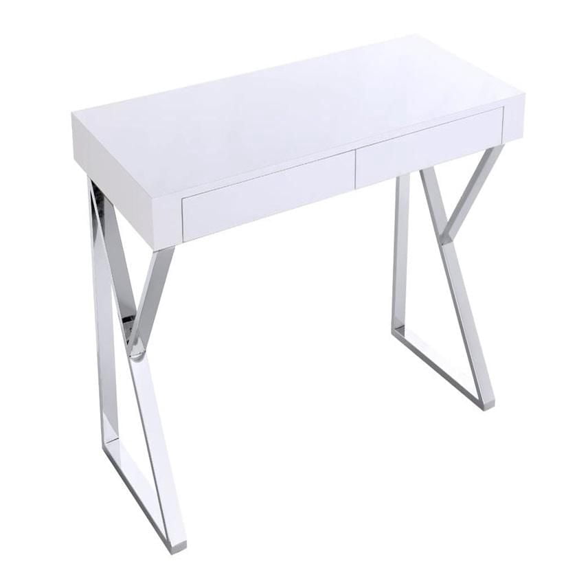 Bureau Beren en blanc, bureau blanc, bureau en MDF, bureau en placage de bois, pieds en acier inoxydable, bureau rectangulaire, pieds en acier inoxydable triangulaire, bureau
