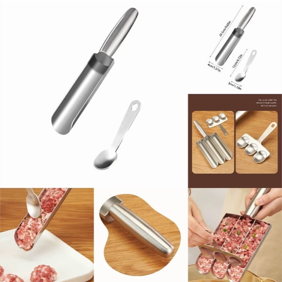 FoodMeatball Maker Tool Quadruple Kitchen Stainless Steel Spoon For Manual Meatball Lovers, 24.5x4 cm, SilverA