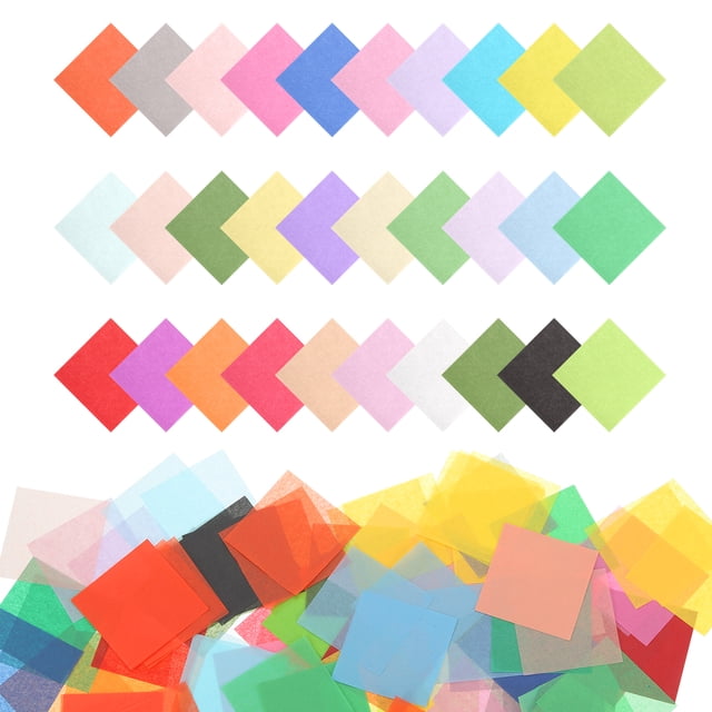 Uxcell 3600Pcs Colored Tissue Paper Squares, 1x1 Inch in 30 assorted colors arranged in rows and scattered below. These bleeding tissue papers have a semi-transparent effect, soft texture, and are ideal for crafts, scrapbooking, and preschool art projects.