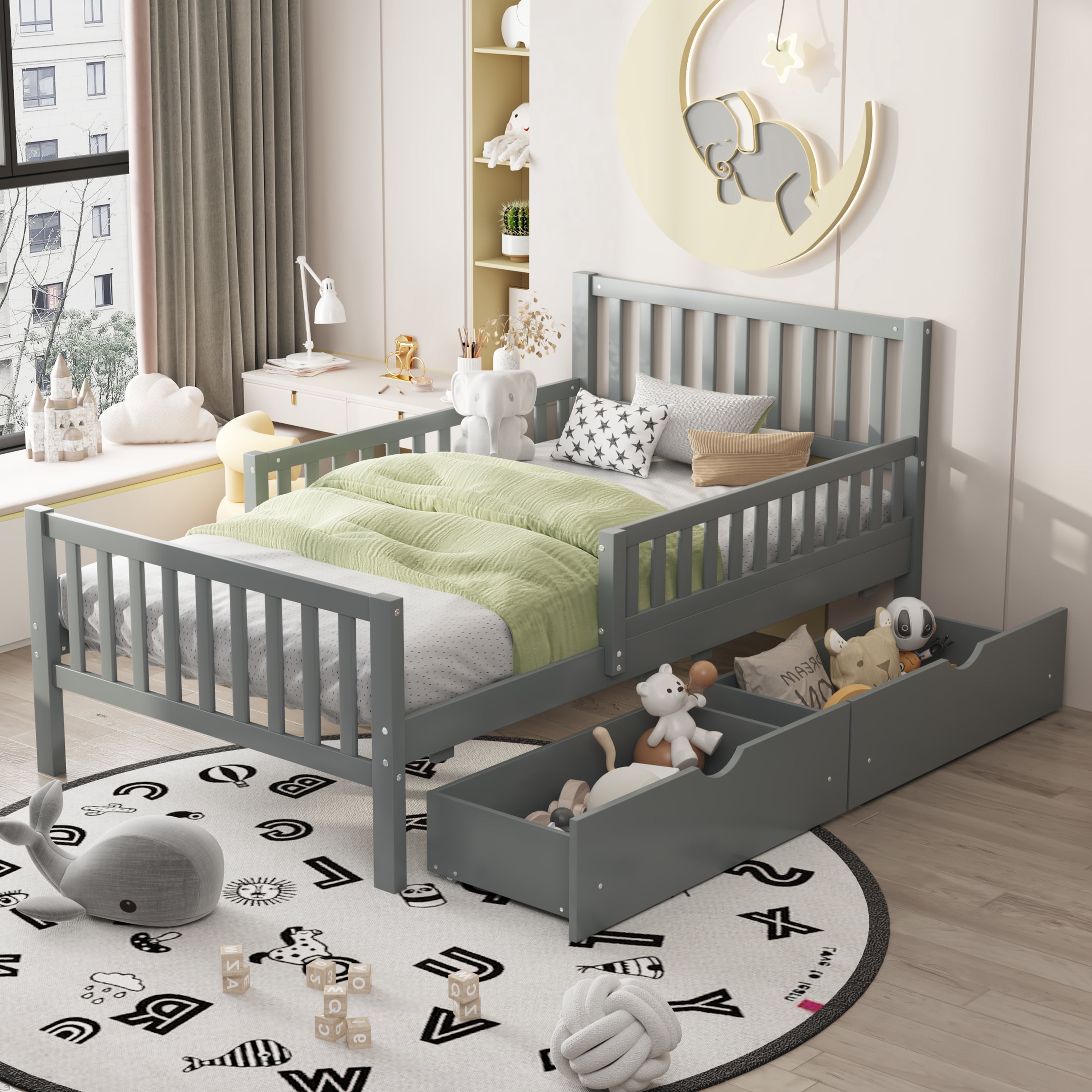 HMSHA Twin Size Wood Platform Bed with Guardrails on Both Sides and Two Storage Drawers,Grey