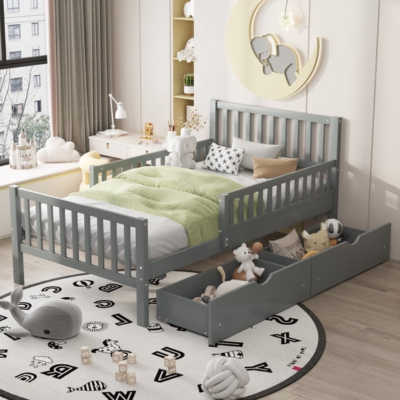 Noble house Twin Size Wood Platform Bed with Guardrails on Both Sides, Grey