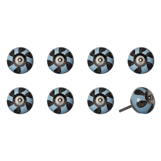 KNOB-IT vintage handpainted ceramic knobs 8 pack with 1.5 inch diameter round knobs in light blue featuring black petal-like handpainted designs and central silver metal bolts with decorative rings; one knob shows the 1.25 inch bolt for easy installation, ideal for cabinets, drawers, and furniture hardware, also suitable as decorative accents to refresh home interiors.