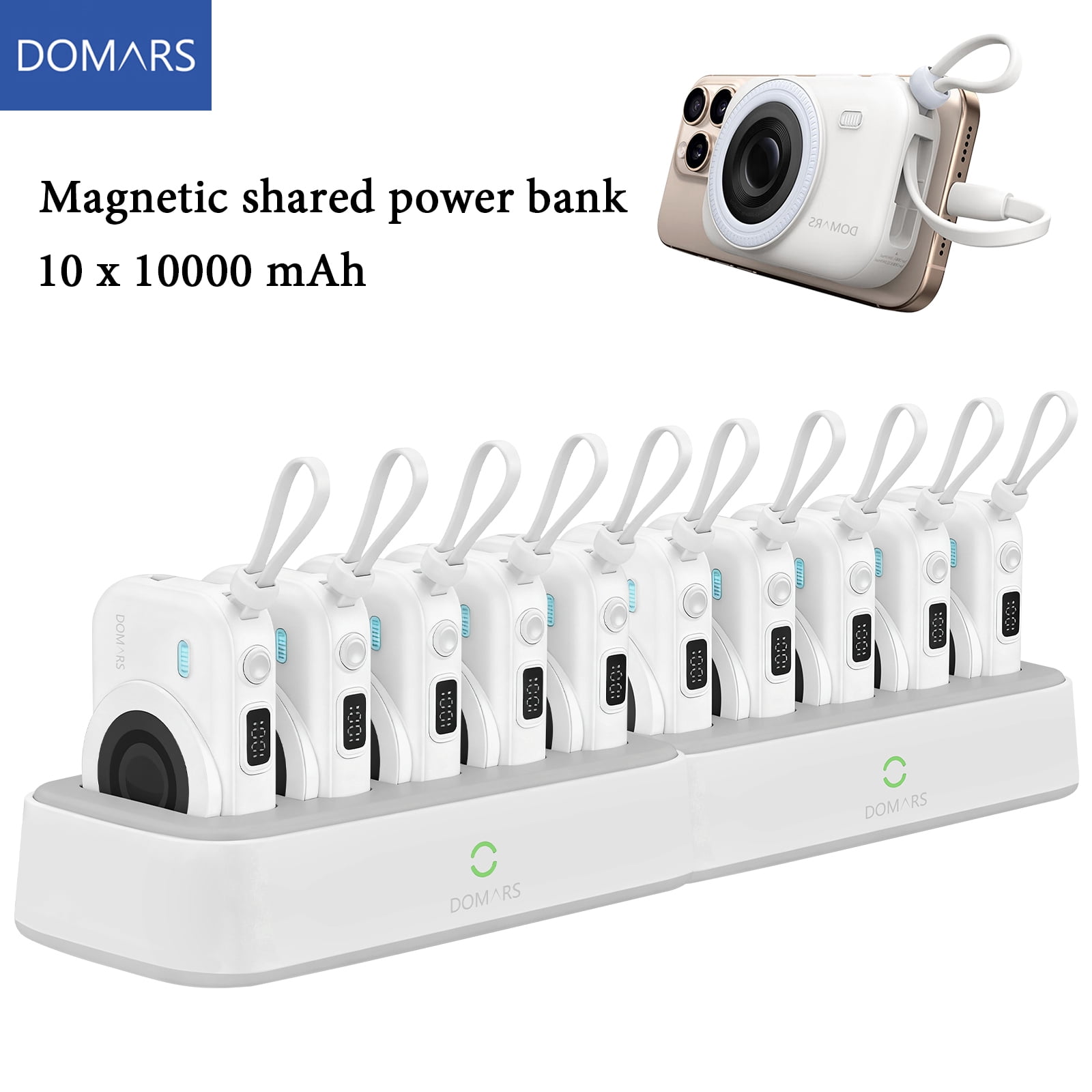 Domars 10pcs 10000mAh Magnetic Power Bank Set, 22.5W Fast Charging Portable Charger with Charging Base, Built-in Type-C & Lightning Cable, Strong Magnetic Adsorption for Home Office Travel