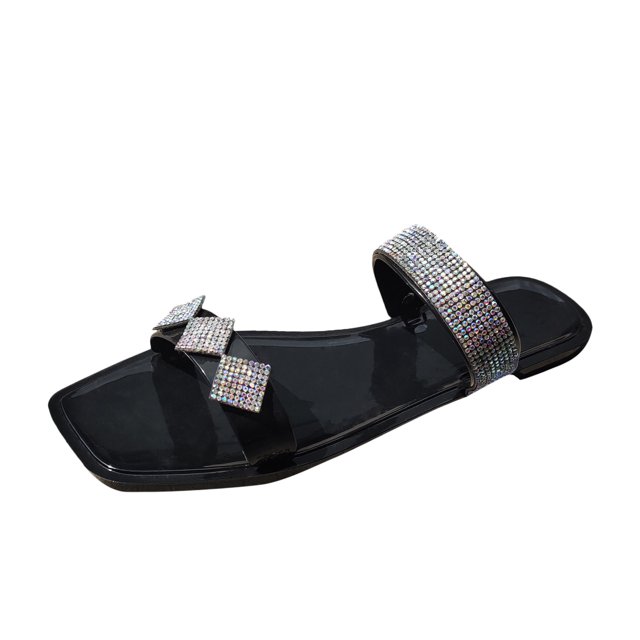 BADHUD Women's Flat Sandals Flat Slide Sandals with Rhinestone Open Toe Slide Sandals Comfort Casual Walking Sandals