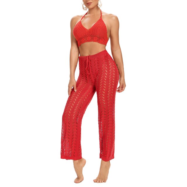 FOCUSNORM Women Hollow Out Pants Solid Color Elastic High Waist Trousers
