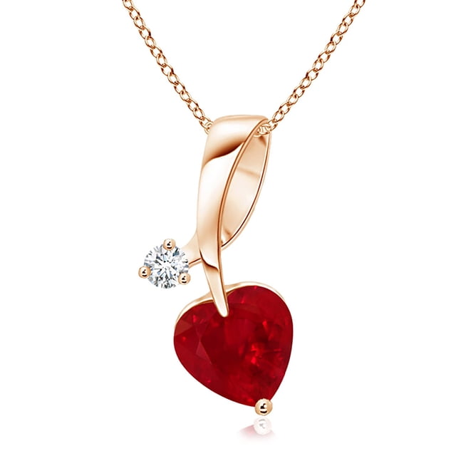 Angara Natural Ruby Necklace - Heart-Shaped Ruby Ribbon Pendant with Diamond in 14K Rose Gold for Women