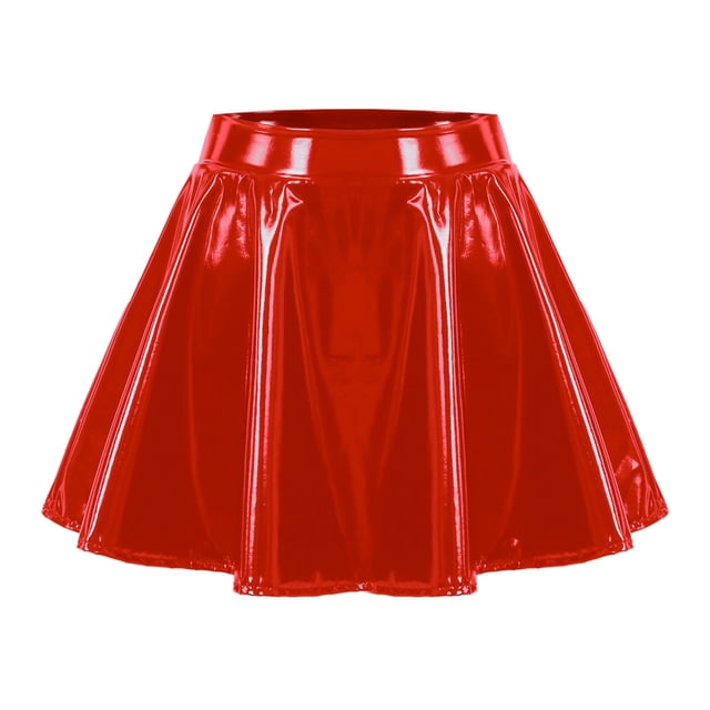 GDREDA Ladies Glossy Pleated Short Skirt Large Size Performance Tennis Athletic Wear Red,M