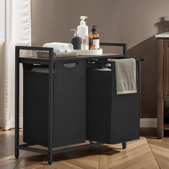 LEDREM 2-Compartment Laundry Hamper with Shelf, 24.2 Gallon (92L) Foldable Clothes Sorter, Removable Oxford Fabric Liners, Steel Frame & MDF Panel, Light，Dark Laundry Separation, Black