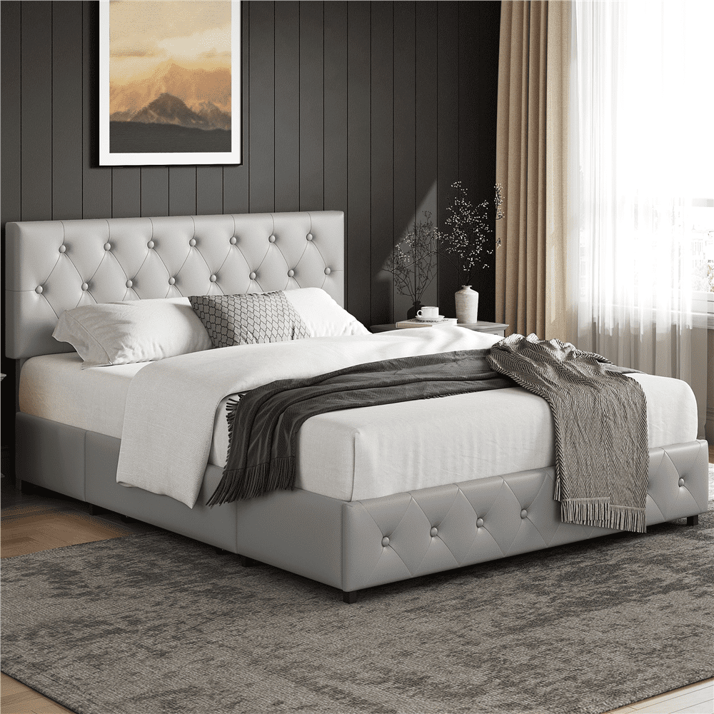 FullFurnique Upholstered Platform Bed Frame with Adjustable Headboard and 3 Drawers Storage, Full, Black