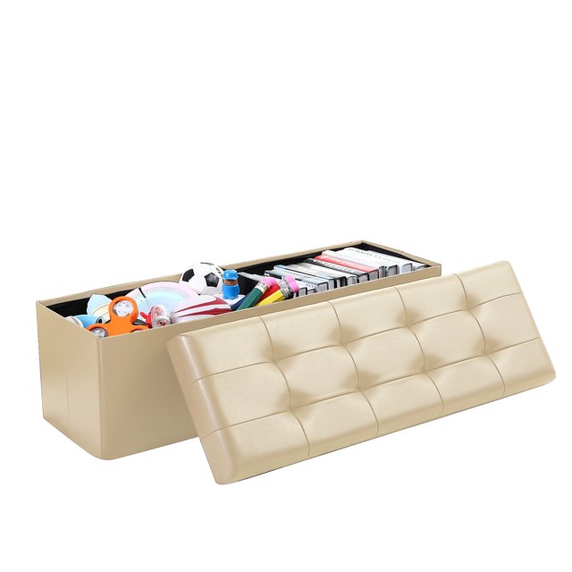 Foldable Furniture Box Storage Tufted Leather Ottoman Foot Rest (Large, Taupe)
