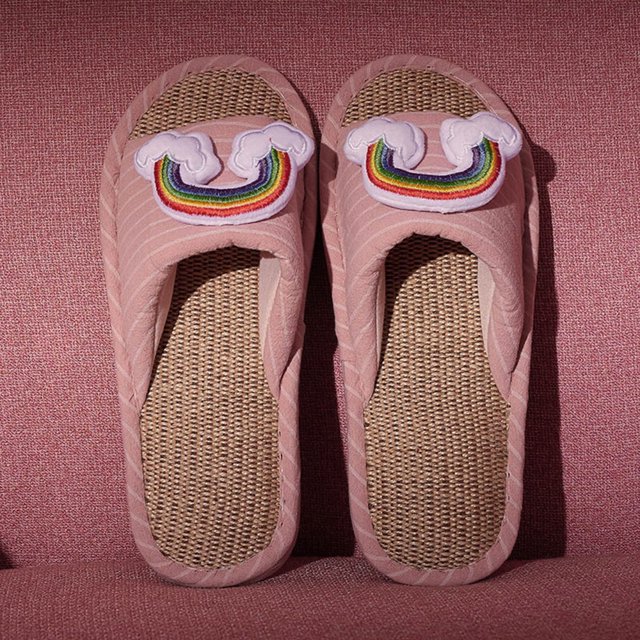 Women’s Linen Slippers for Summer Home Indoor, Ladies' Memory Foam Open Toe Slide Sandal with Non Slip Sole
