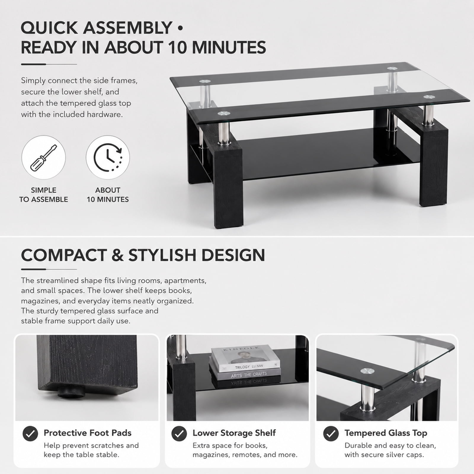 Noble House Modern Rectangular Tempered Glass Coffee Table,Double-Layer Glass Top with Sturdy Black Legs,34.45" Compact,Black