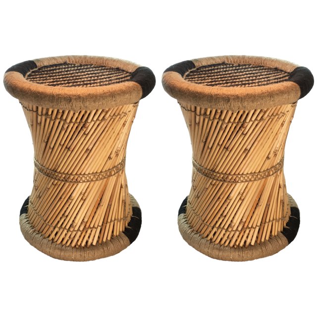 Natural Geo Tabouret d'Appoint en Murène (Ensemble de 2) - Tissé à la Main, Rayé Noir