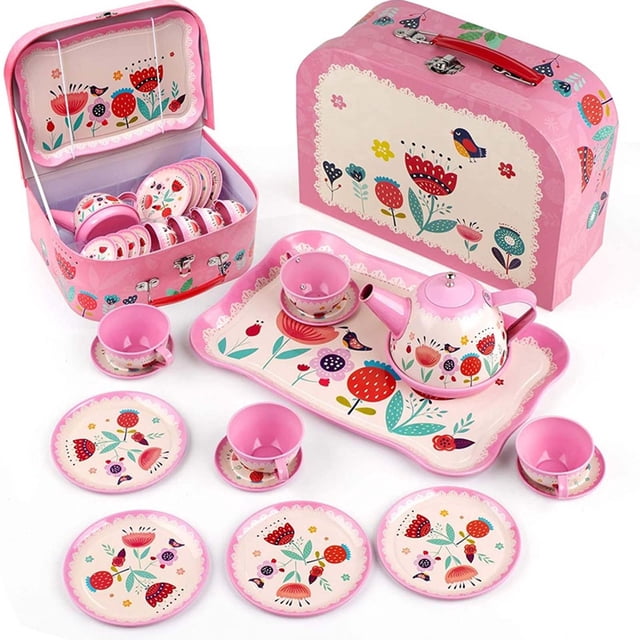 Tea Party Set, Children Pretend Play Toy designed for kids over 3 years old. Includes a tin teapot, cups, saucers, plates, and a serving tray, all adorned with fruit and flower designs. Comes in a pink portable gift box with matching floral patterns, ideal for pretend play and kids tea parties.