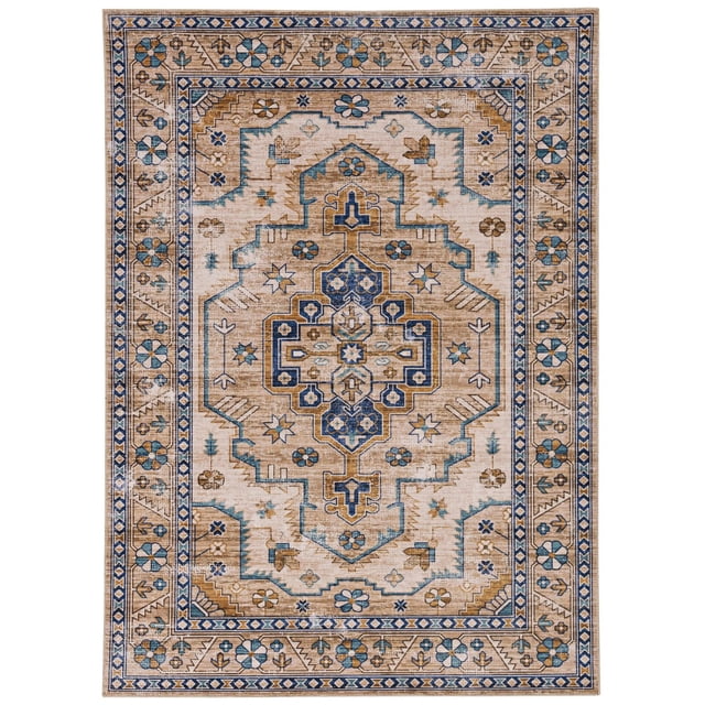 Tapis Lavable Julian 5 Pieds x 7 Pieds en Ivoire et Or avec Motifs Géométriques et Floraux Anciens en Bleu et beige, Fabriqué en polyester Résistant aux Taches avec Endos Antidérapant, Lavable à la machine pour un Entretien Facile, Convient aux Zones à Fort Passage et aux Espaces Familiaux.