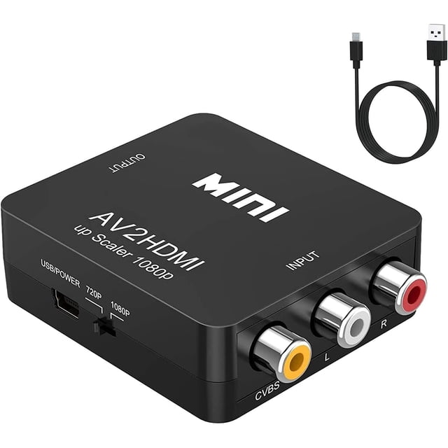 RCA to HDMI, 1080P Mini RCA Composite CVBS AV to HDMI Video Audio Converter Adapter. A compact black device with input ports for RCA cables (yellow, white, red) and an HDMI output port. Features a USB power port and a switch for 720p or 1080p output resolution. Includes a USB power cable for operation. Compatible with PAL, NTSC, SECAM, and other standard TV formats, suitable for connecting devices like gaming consoles, DVD players, and VCRs to modern HDMI displays.